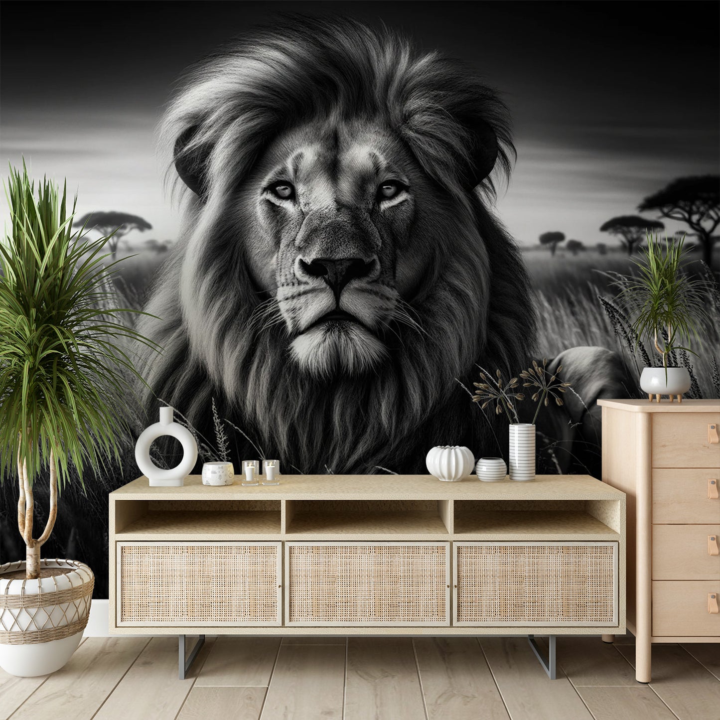 Papier peint lion noir et blanc | Visage impressionnant