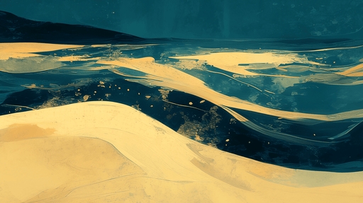 Papier peint abstrait aux teintes bleu profond et doré, évoquant des vagues fluides et une atmosphère sereine et moderne.