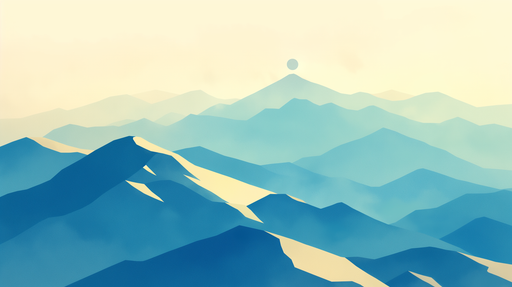 Papier peint abstrait représentant des montagnes stylisées dans des dégradés de bleu et de beige, créant une atmosphère apaisante et rêveuse.