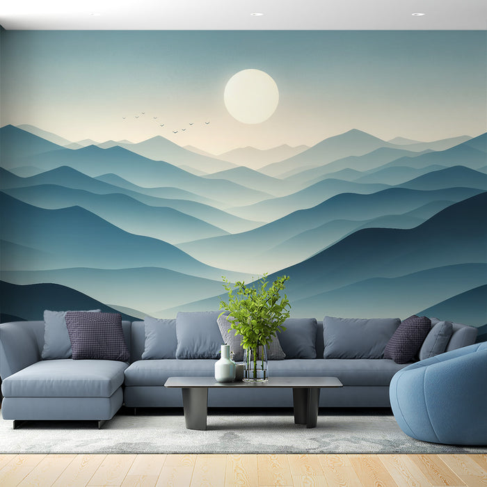 Papier peint montagne | Coucher de soleil avec relief montagne bleu