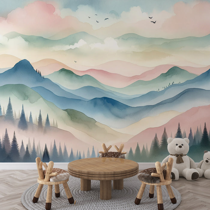 Papier peint montagne bébé | Aquarelle forêt vertes, montagnes colorées et nuages