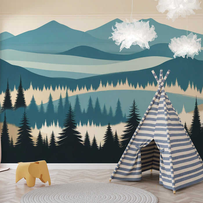 Papier peint montagne bébé | Forêt et montagne aux tons bleutés