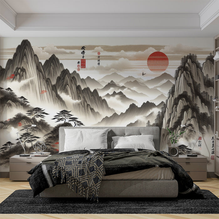 Papier peint montagne japonaise | Aux tons neutres avec touche de rouge