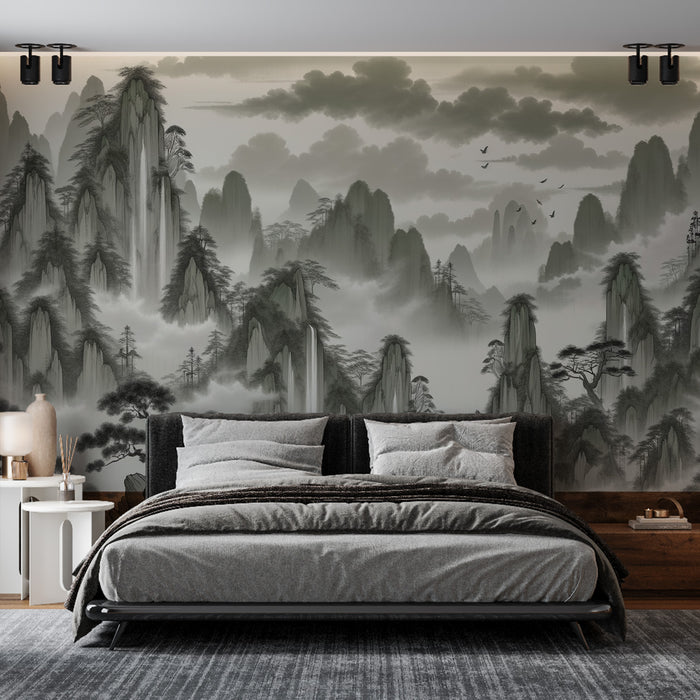 Papier peint montagne japonaise | Relief montagneux avec ciel nuageux