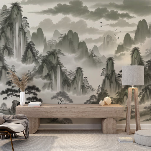 Un salon élégant avec un papier peint représentant des paysages montagneux en nuances de gris, créant une atmosphère apaisante et contemplative.