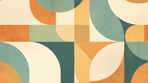 Papier peint géométrique aux teintes douces de bleu, orange et crème, créant une ambiance moderne et dynamique avec des formes arrondies et des lignes épurées.