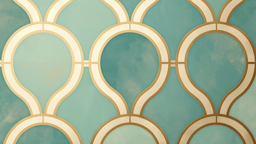 Papier peint géométrique aux teintes turquoise et dorées, avec des motifs arrondis qui créent une ambiance élégante et contemporaine.