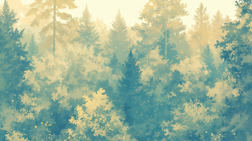 Papier peint représentant une forêt brumeuse aux teintes bleu-vert et dorées, créant une atmosphère apaisante et naturelle.