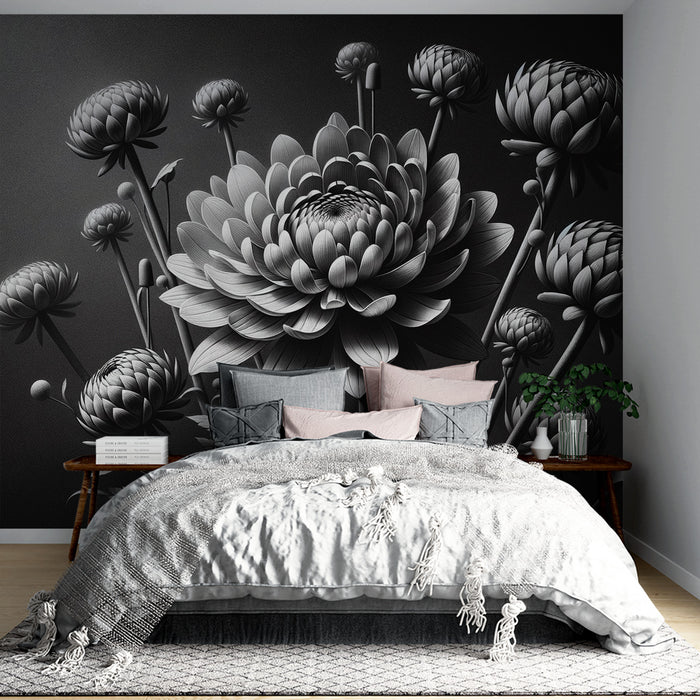 Papier peint noir et blanc | Grosses chrysanthèmes ouvertes et fermées