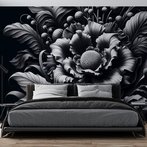 Une chambre moderne avec un papier peint floral en noir et blanc, mettant en avant des motifs de fleurs et de feuilles stylisées, créant une atmosphère élégante et artistique.