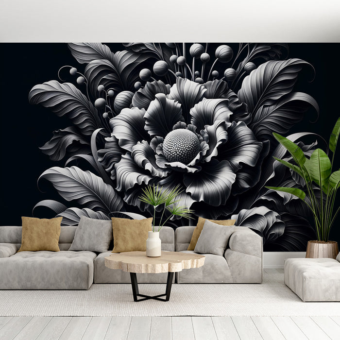 Papier peint noir et blanc | Grosses fleurs avec feuillages