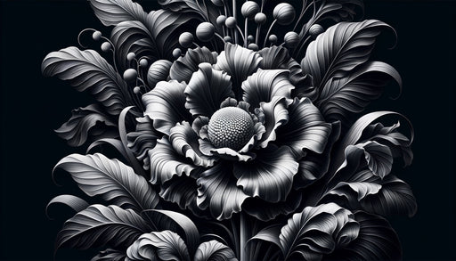 Papier peint floral monochrome en noir et blanc, avec des motifs de fleurs et de feuilles délicates, créant une ambiance élégante et artistique.