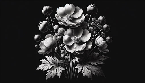 Papier peint floral en noir et blanc représentant des fleurs délicates et des feuilles détaillées, créant une ambiance élégante et artistique.