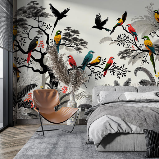 Une chambre moderne avec un papier peint tropical vibrant illustrant des oiseaux colorés perchés sur des branches, créant une ambiance vivante et exotique.
