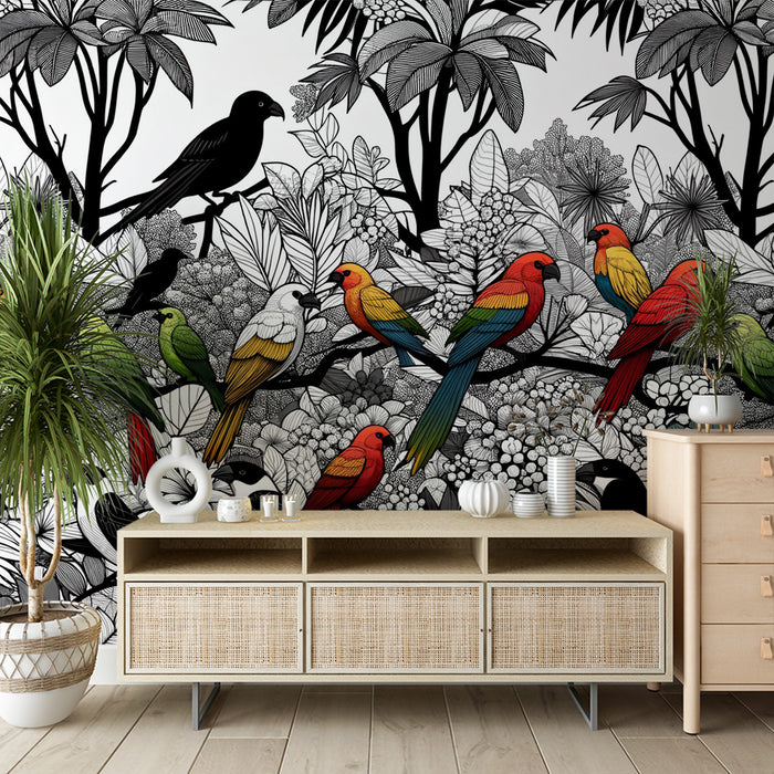 Papier peint noir et blanc | Perroquets colorés entourés de feuillages