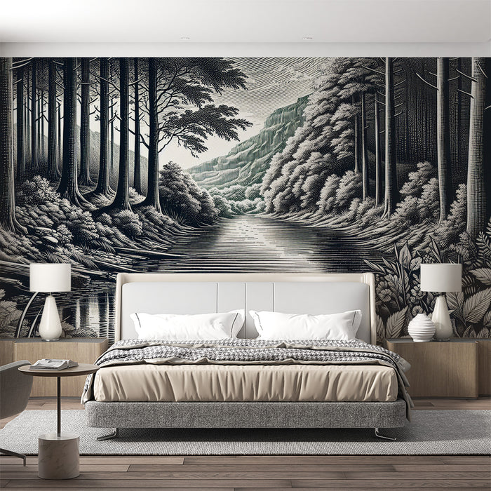 Papier peint noir et blanc | Rivière calme, arbres massifs et reliefs montagneux