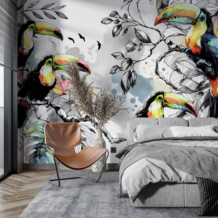 Papier peint noir et blanc | Toucans multi colores en aquarelle