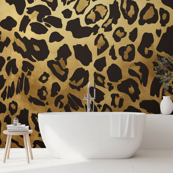 Papier peint salle de bain | Motifs léopards noir et dorée