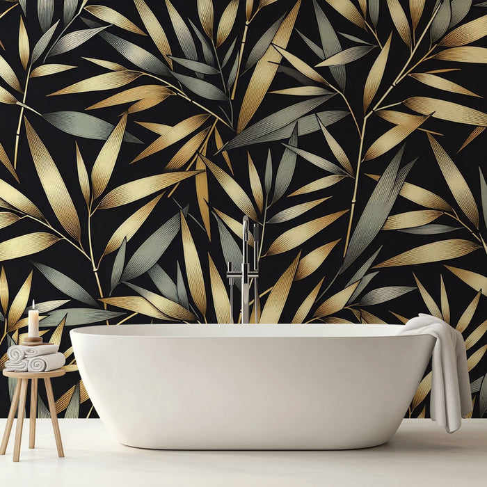 Papier peint salle de bain | Feuilles de bambou dorées et noires