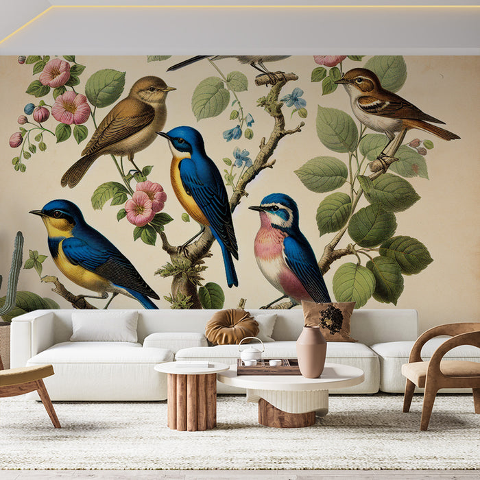 Papier peint oiseaux | Branche et famille d'oiseaux colorés