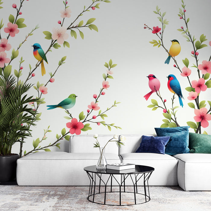 Papier peint oiseaux | Branche fleurie et colorée avec oiseaux multicolores