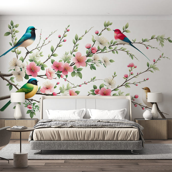 Papier peint oiseaux | Cerisier aux feuilles vertes et fleurs roses