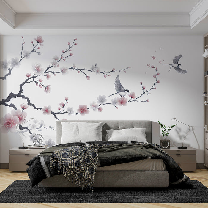 Papier peint oiseaux | Cerisier avec fleurs roses et blanches
