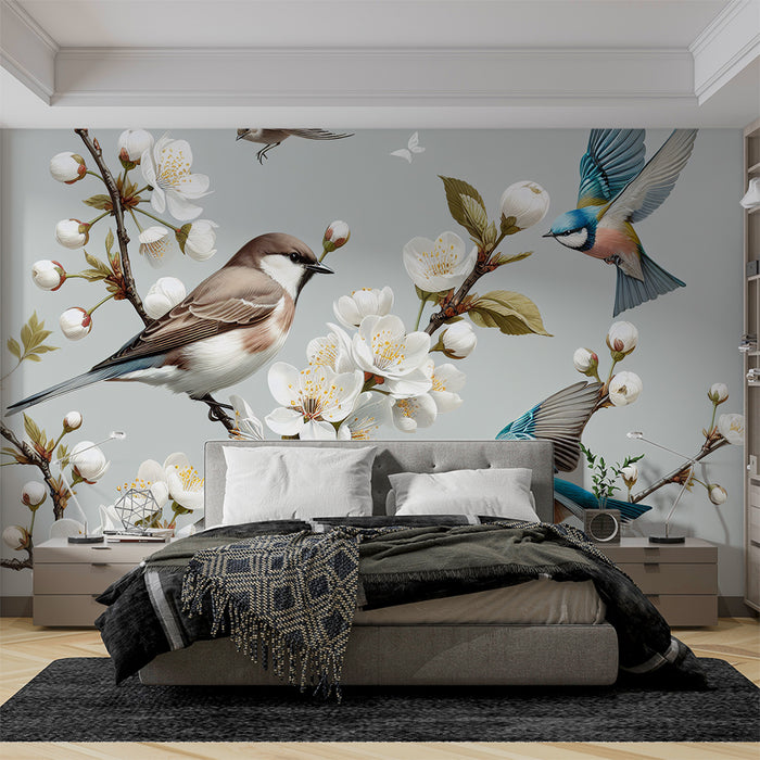 Papier peint oiseaux | Cerisier fleurs blanches avec oiseaux bleutés