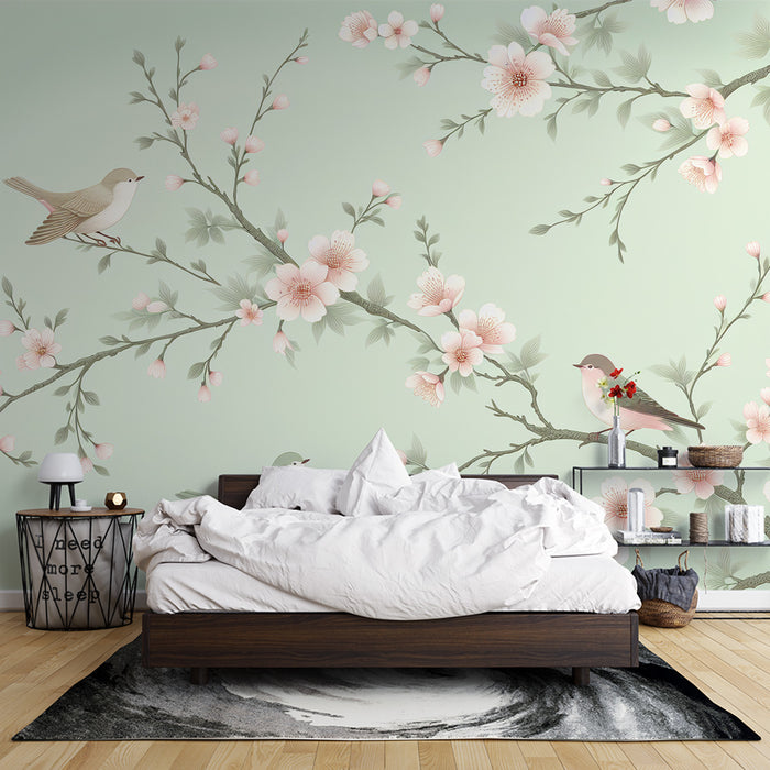 Papier peint oiseaux | Cerisier fleurs roses sur fond vert vintage