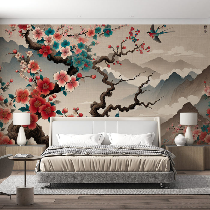 Papier peint oiseaux | Cerisier japonais avec rouges gorges et montagnes