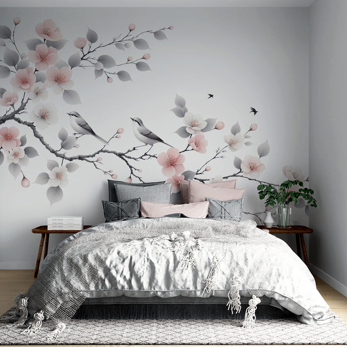 Papier peint oiseaux | Cerisier rose et blanc sur fond blanc