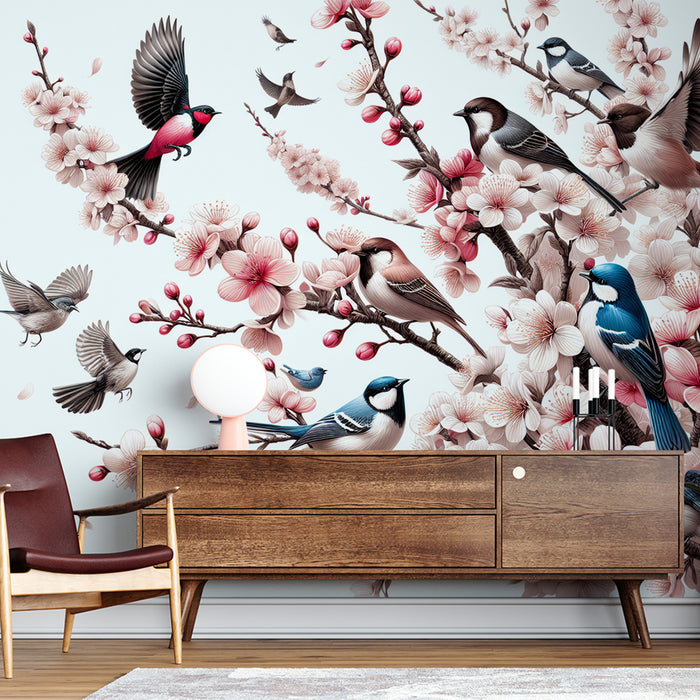 Papier peint oiseaux | Cerisier roses avec oiseaux multicolores