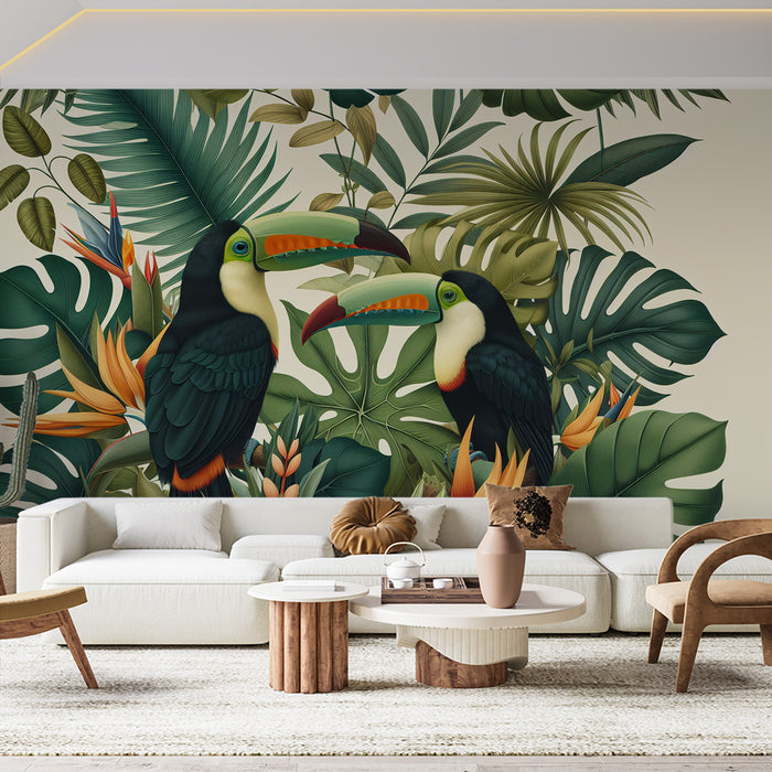 Papier peint oiseaux | Couple de toucans dans un feuillage tropical
