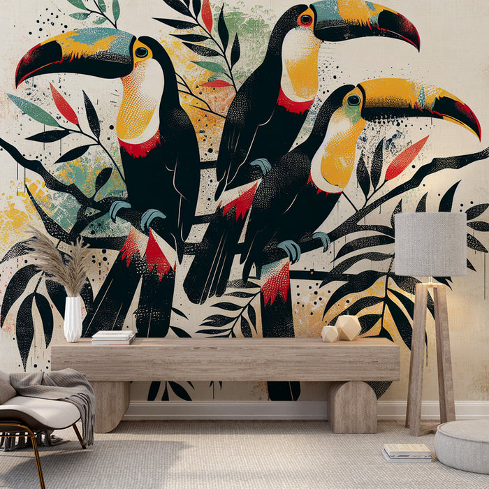 Papier peint oiseaux | Décor toucans colorés style rétro