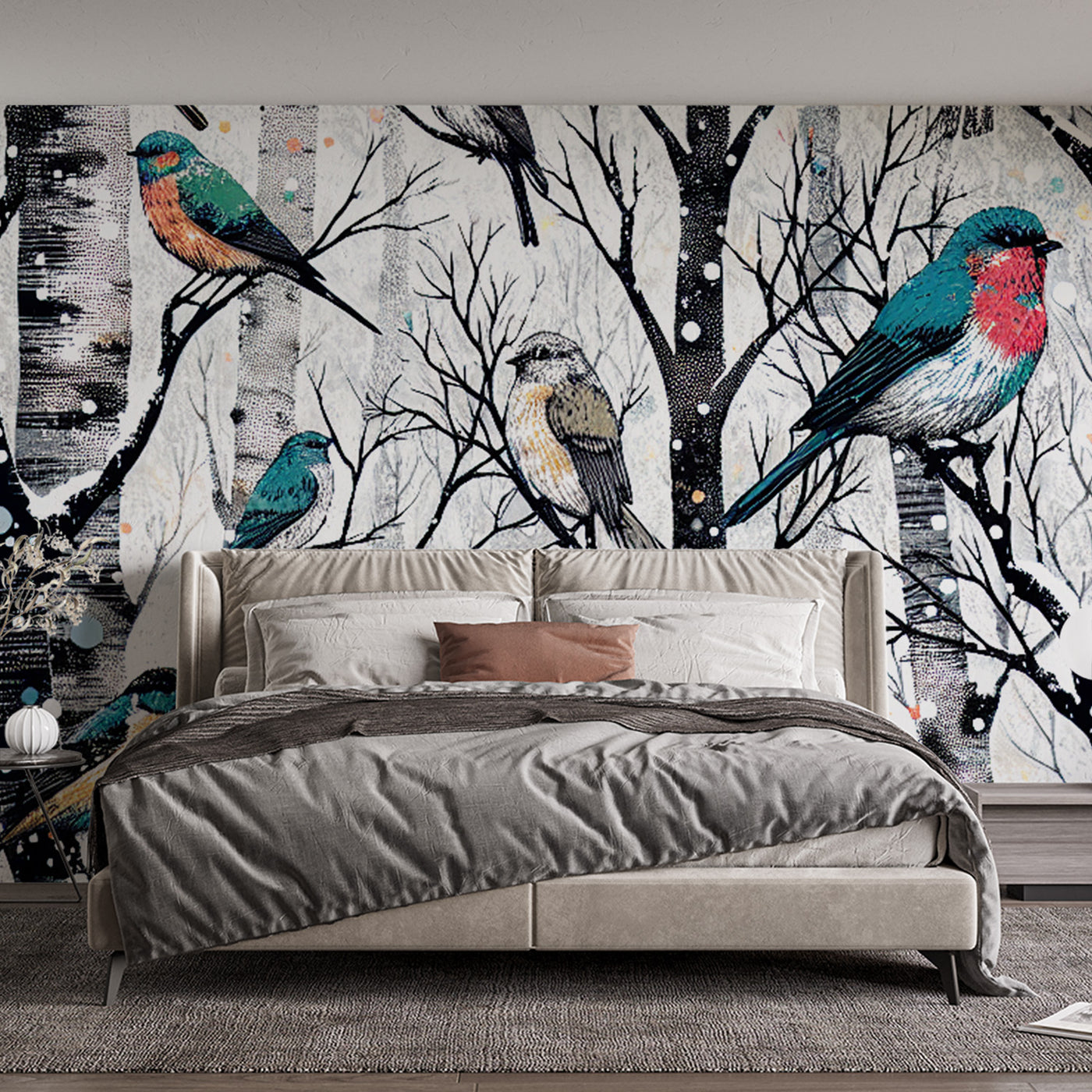 Papier peint oiseaux | Dessin forêt enneigée et oiseaux — LePapierPeint