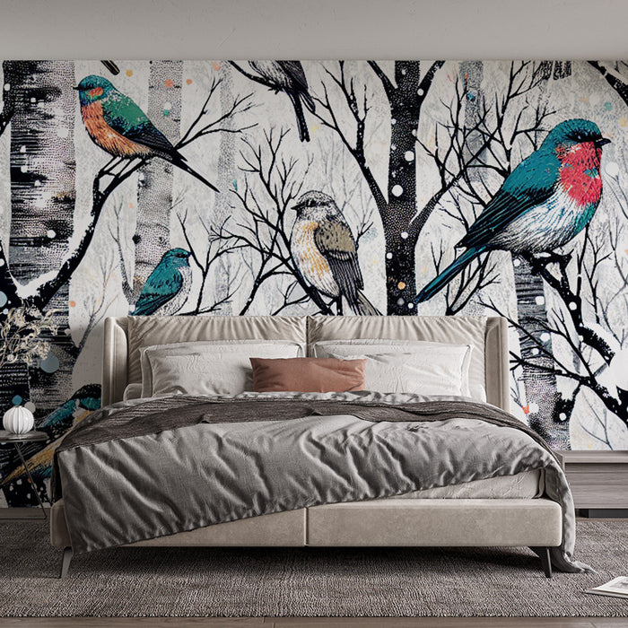 Papier peint oiseaux | Dessin forêt enneigée et oiseaux
