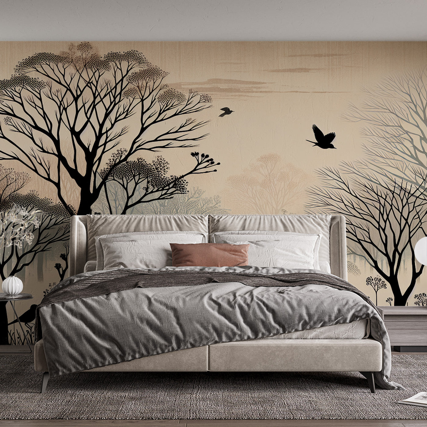 Papier peint oiseaux | Forêt vintage avec arbres et oiseaux — LePapierPeint