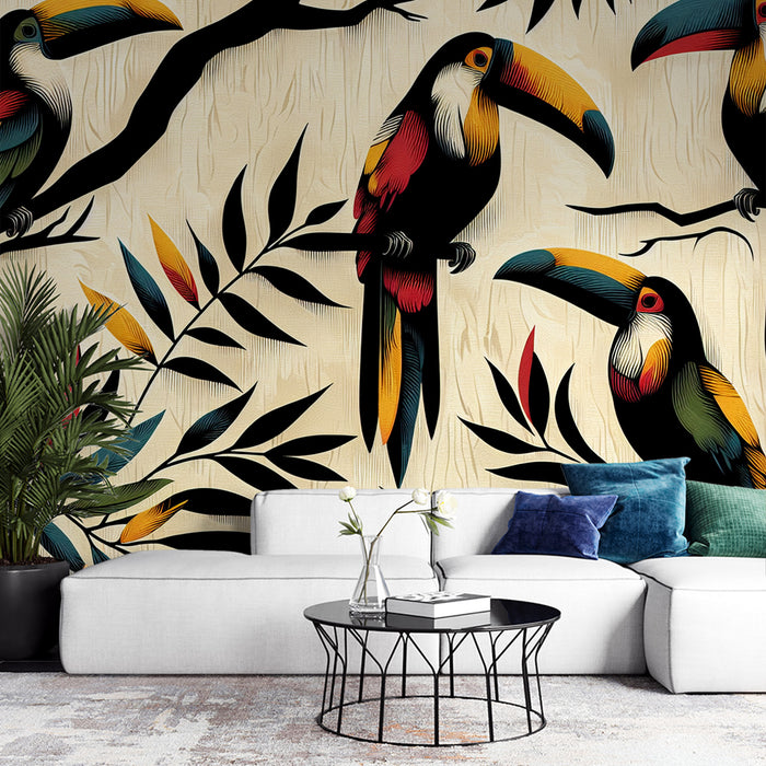 Papier peint oiseaux | Toucan vintage aux couleurs ternes