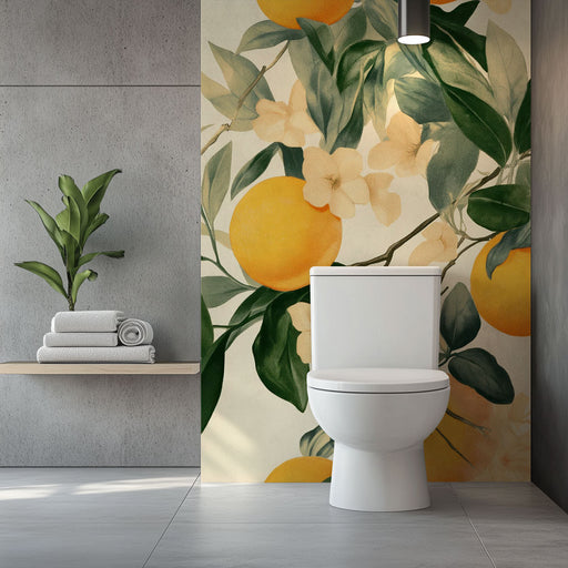 Papier peint orange avec motifs de fleurs et fruits pour salle de bain moderne