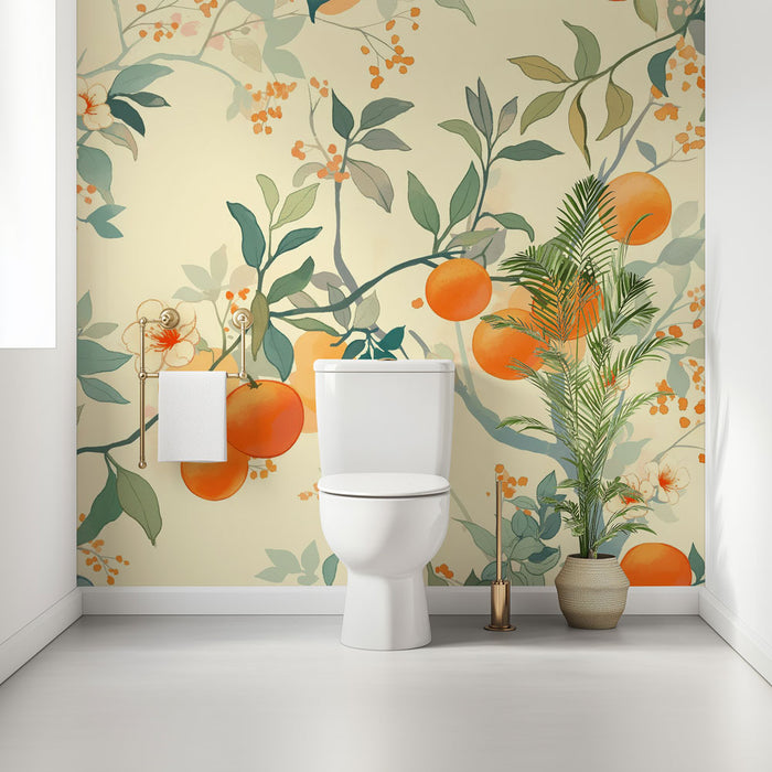 Papier peint toilette | Oranges Éclatantes et Fleurs Délicates sur Fond Ivoire