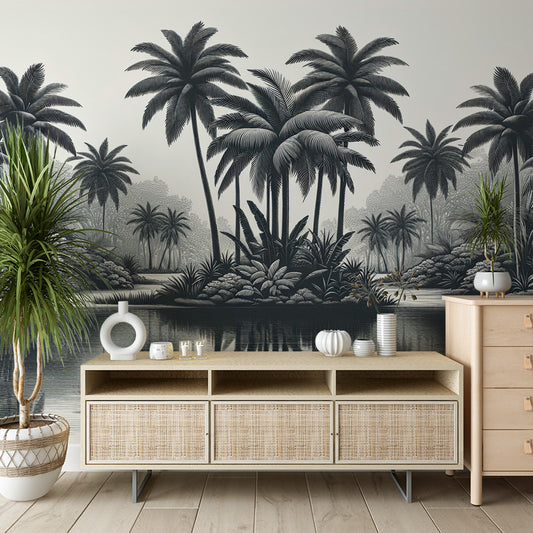 Papier peint noir et blanc | Oasis de palmiers avec eau calme et zen