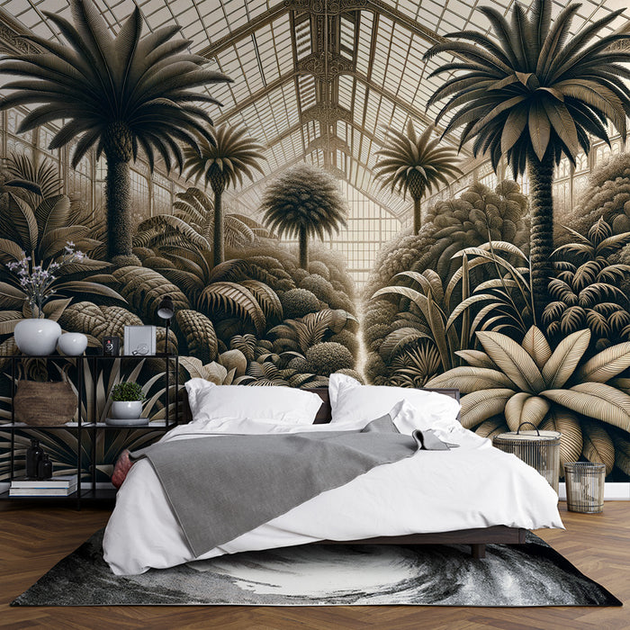 Papier peint palmier | Verrière de palmiers et feuillages tropicaux