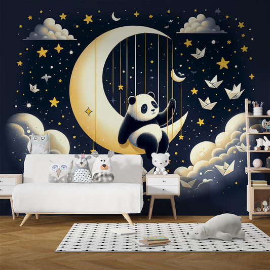 Papier peint panda | Croisant de lune avec étoiles jaunes