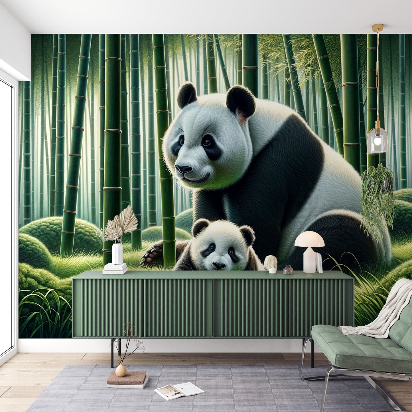 Papier peint panda | Forêt de bambou avec maman panda et bébé panda