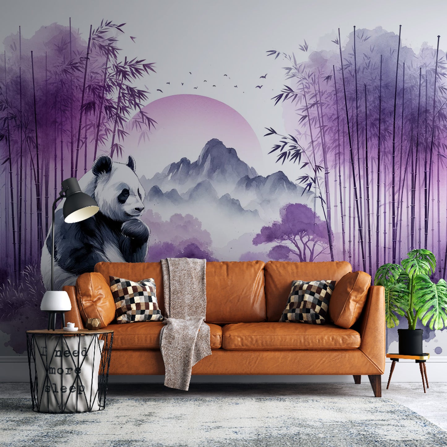 Papier peint panda | Forêt de bambou et montagne violette