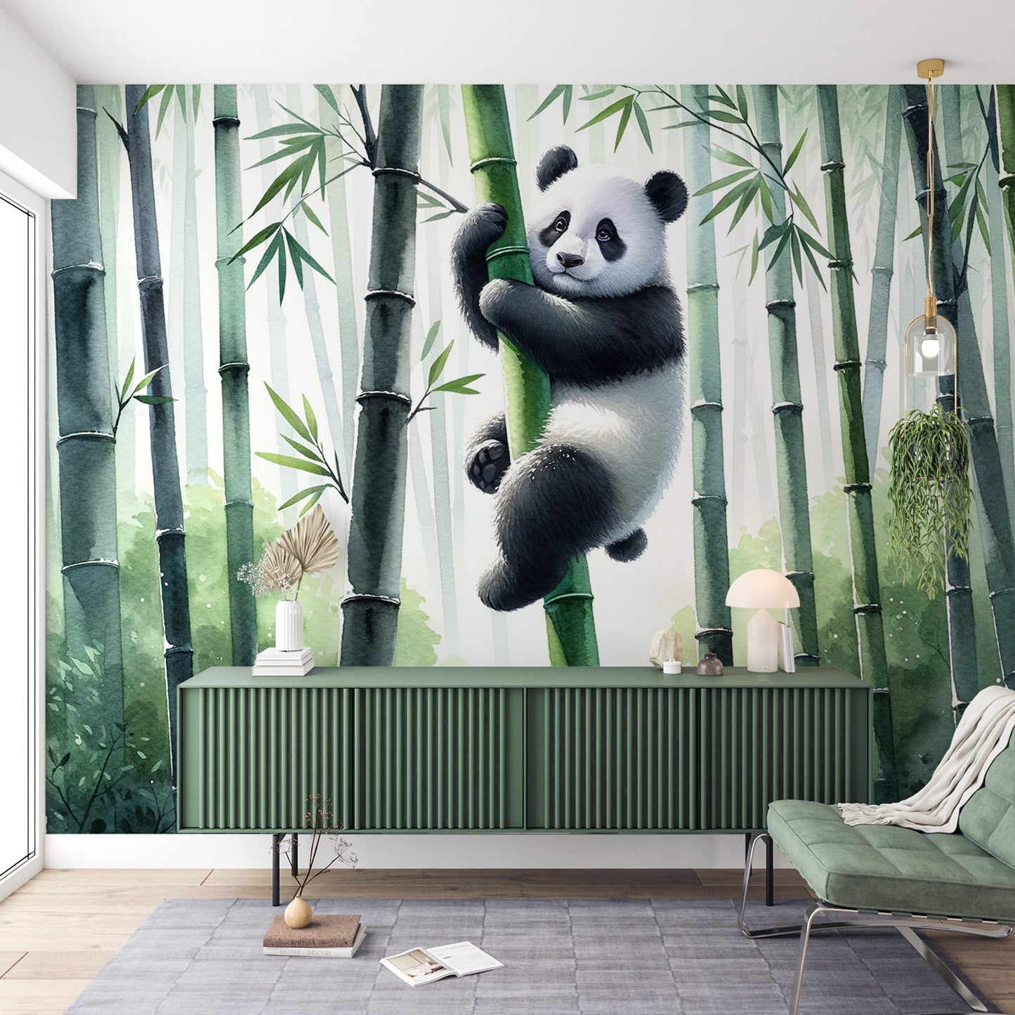 Papier peint panda | Forêt de bambou vert avec panda accroché