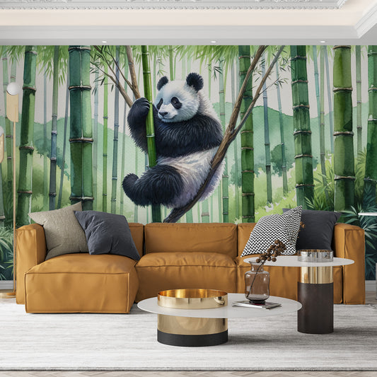 Papier peint panda | Forêt de bambou verte en aquarelle