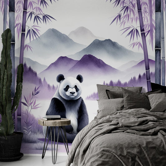 Papier peint panda | Forêt et montagne violette avec panda assis