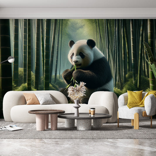 Papier peint panda | Photographie réaliste dans forêt de bambou vert