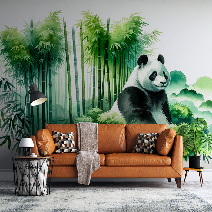 Papier peint panda aquarelle | Bambou feuillu vert et panda